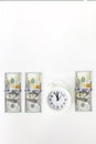 Alarm clock and dollars, close up. Concept of opportunity cost time and Money saving