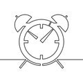 The alarm clock is drawn by one line on a white background. Single line drawing. Continuous line. Vector Royalty Free Stock Photo