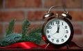 Alarm clock, fir branch and ribbon