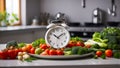 Alarm clock, fresh assorted vegetables on kitchen background health, control,