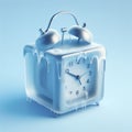 Alarm clock frozen cube on solid blue background. ai generative