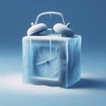 Alarm clock frozen cube on solid blue background. ai generative