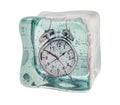 Alarm clock frozen in ice cube. Freeze time concept, 3D rendering