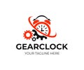 Alarm clock and gears with twist and whirlwind, logo design. Time, mechanism, industry and engineering, vector design Royalty Free Stock Photo