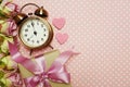 Alarm clock and gift box with roses bouquet with space copy on pink polka dot background Royalty Free Stock Photo