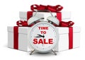 Alarm clock with gift, time to sale concept on white Royalty Free Stock Photo