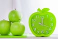 Alarm clock and green apples on white wooden table. Good morning, healthy morning or diet concept