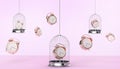 Alarm clock Groups Retro style and Cage on background Concept Old Modern Art minimal and pastel purple background