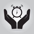 Alarm clock in hand icon. Care, safe time concept