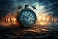 An alarm clock heralds a doomsday climax while depicting the apocalyptic cataclysm marking the deadline of the end of time Royalty Free Stock Photo