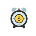 Alarm clock icon vector with Dollar money flat sign symbols. wake-up time and working hours. Vector illustration isolated on white Royalty Free Stock Photo