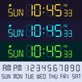 Alarm clock lcd display font. Electronic clocks numbers, digital screen hours and minutes. Retro display text vector set Royalty Free Stock Photo