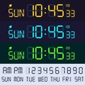 Alarm clock lcd display font. Electronic clocks numbers, digital screen hours and minutes. Retro display text vector set Royalty Free Stock Photo