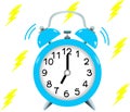 Alarm clock with lightnings on white background.