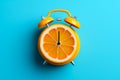 Alarm clock made out of grapefruit on blue background. Generative AI Royalty Free Stock Photo