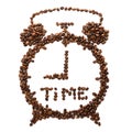 Alarm clock made of roasted coffee beans. Coffee time concept