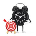 Alarm Clock Mascot Person Character with Archery Target with Dart in Center. 3d Rendering