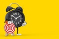 Alarm Clock Mascot Person Character with Archery Target with Dart in Center. 3d Rendering Royalty Free Stock Photo