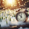 Alarm clock in melting snow on the street with snowdrops on nature background. ai generative Royalty Free Stock Photo