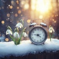 Alarm clock in melting snow on the street with snowdrops on nature background. ai generative Royalty Free Stock Photo