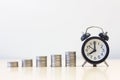 Alarm clock and Money coin stack on desk tanle .finance sustainable development