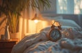 Alarm clock in the morning bedroom Royalty Free Stock Photo