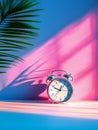 Alarm Clock in Neon Light A silver alarm clock sits on a surface bathed in pink and blue neon light with a palm leaf shadow Royalty Free Stock Photo