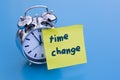 Alarm clock with note 'time change' Royalty Free Stock Photo
