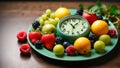 Alarm clock different fruits kitchen nutrition berries concept healthy control control