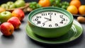 Alarm clock different fruits kitchen nutrition berries concept healthy control control time