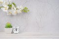 The Alarm clock onwood floor and cement wall with white color orchid decorate, empty room for background Royalty Free Stock Photo