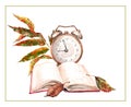 Alarm clock, open book, autumn leaves lie on the table. Starting school, work, university. Hand-drawn watercolor illustration on w