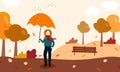 Autumn holiday. Young happy woman with umbrella in a park. Healthy lifestyle and recreation leisure activity. Vector illustration.
