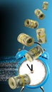 An alarm clock with particles flying out of it, as a symbol of the rapid passage of time. Dollars rolled into rolls move in time