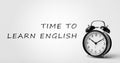 Alarm clock and phrase Time To Learn English on background, banner design