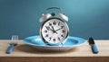 Alarm clock and plate with cutlery . Concept of intermittent fasting, lunchtime, diet and weight loss Royalty Free Stock Photo