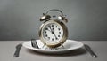 Alarm clock and plate with cutlery . Concept of intermittent fasting, lunchtime, diet and weight loss Royalty Free Stock Photo