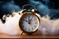 Alarm clock positioned with ethereal white clouds on deep black backdrop.