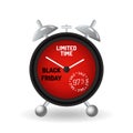 Alarm clock with a red dial. Black friday concept, big discount and sale reminder. Realistic 3d vector on a white