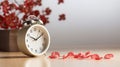 An alarm clock with red petals on a table, AI Royalty Free Stock Photo