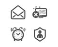 Alarm clock, Reject access and Mail icons. Security sign. Time, Delete device, E-mail. Private protection. Vector