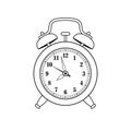 Alarm clock in retro style. Icon analog watch. Symbol of time management, chronometer with hour, minute and second arrow Royalty Free Stock Photo