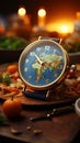 Alarm clock\'s closeup detail highlighted against a tastefully blurred food scene. Royalty Free Stock Photo