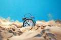 Alarm clock in the sand. Save your time, lost time, the end of times, lifetime. Clock is drowning in the desert. Time is running Royalty Free Stock Photo