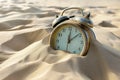 Alarm clock in the sand. Save your time, lost time, the end of times, lifetime. Clock is drowning in the desert. Time is running Royalty Free Stock Photo