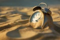 Alarm clock in the sand. Save your time, lost time, the end of times, lifetime. Clock is drowning in the desert. Time is running Royalty Free Stock Photo