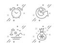 Alarm clock, Sea mountains and Share idea icons set. Santa sack sign. Time, Summer travel, Solution. Gifts bag. Vector