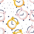 Alarm clock seamless pattern on white background in cartoon style, vector illustration Royalty Free Stock Photo