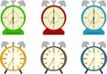 Alarm clock, a set of six different alarms. Vector illustration of cartoon alarm clocks Royalty Free Stock Photo