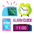 Alarm Clock Set Vector. Time. Early Wake Up. Deadline. Morning Ringing Watch. Classic, Electronic. Isolated Cartoon